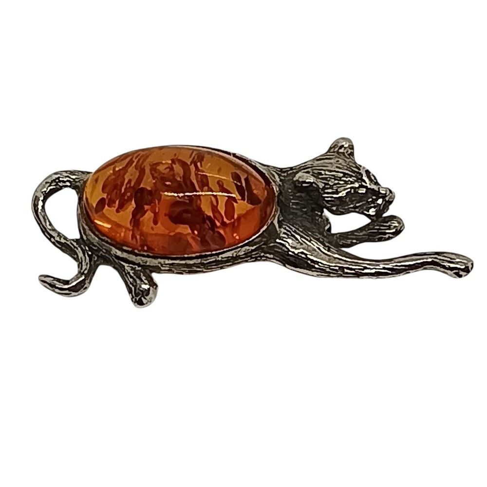 Vintage Sterling Silver & Amber Cat Brooch Pin